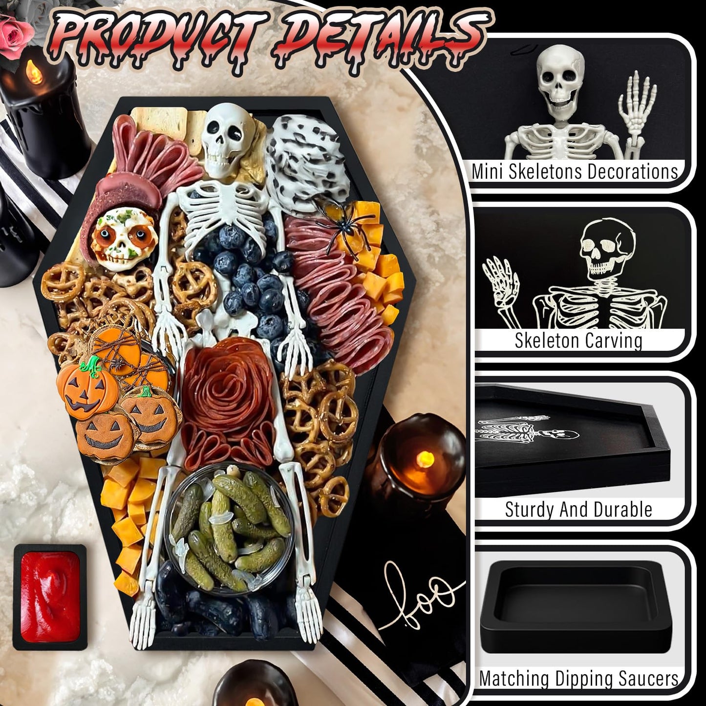 Fayavoo Wood Halloween Coffin Charcuterie Board with Skeleton Patter, Black Coffin Serving Trays with Dipping Saucer, Spooky Halloween Platters for Food Snack Candy Cheese Party Serving Dishes