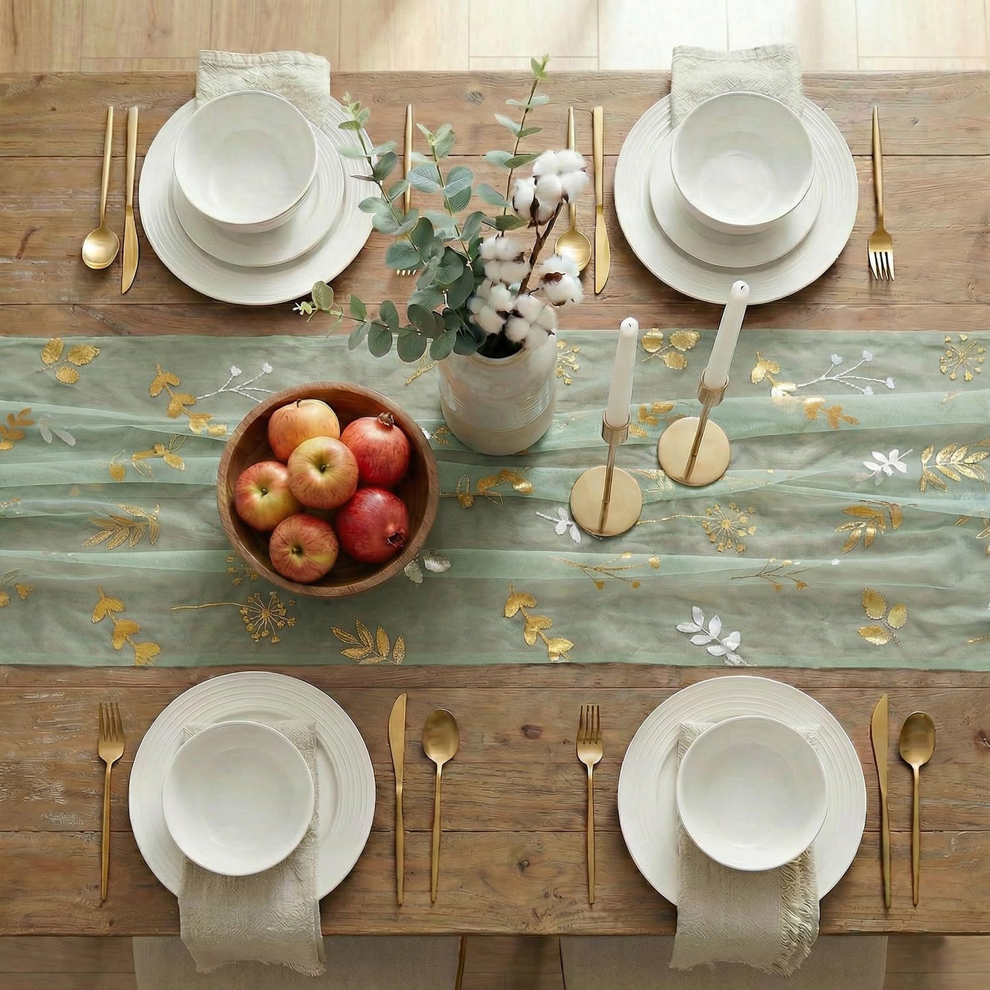 Artoid Mode Gold Floral Leaves Gauze Table Runner 10FT, Glitter Metallic Foil Sheer Dining Wedding Anniversary Birthday Table Decor for Home Party,Sage Green