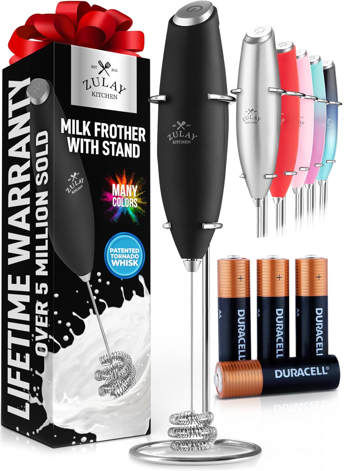 Zulay Kitchen Tornado Triple Whisk Milk Frother - Handheld Foam Maker for Coffee & Lattes | Alpha Black, 4 Duracell Batteries Included