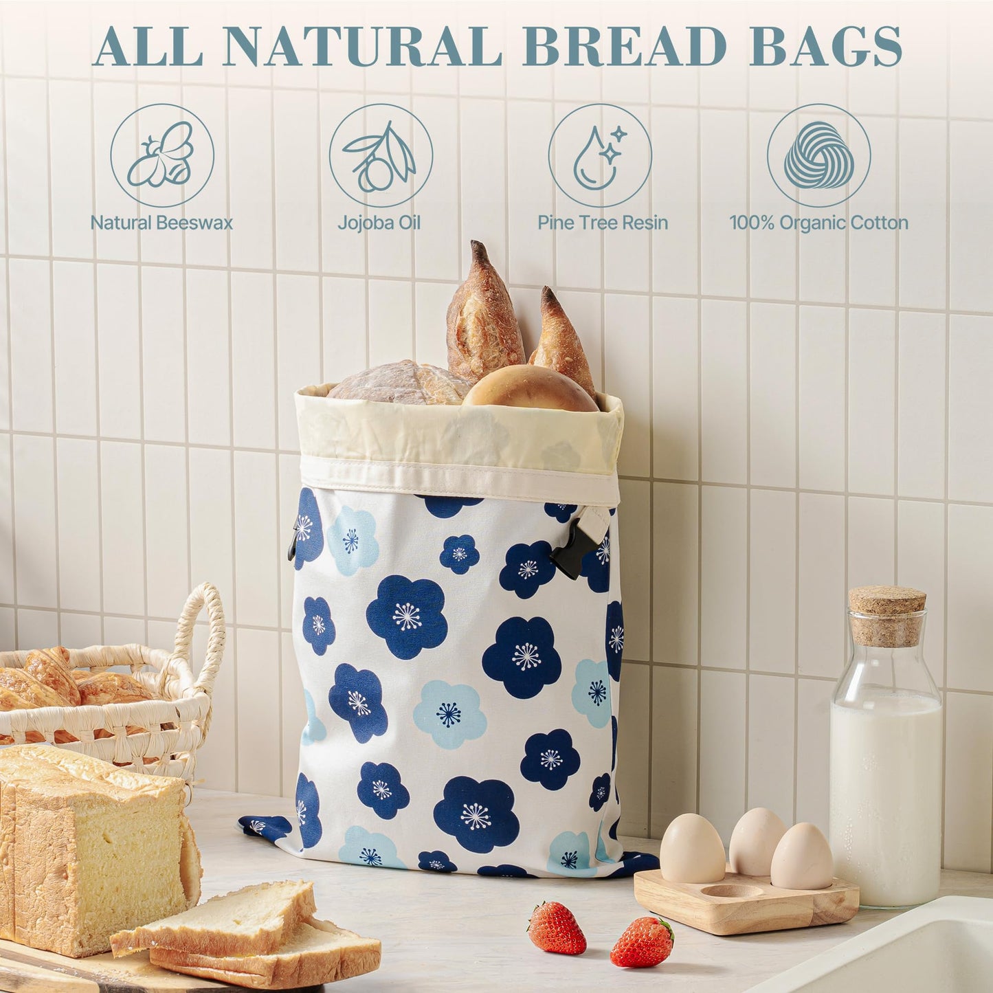 Augine Beeswax Bread Bags for Sourdough, Reusable Bread Bags for Homemade Bread, 2 Pack Natural Cotton Beeswax Storage, Natural Cotton Beeswax Bags, Large Capacity