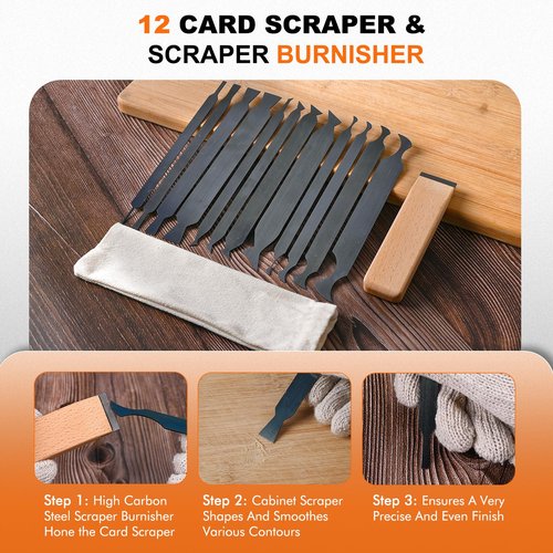 12-PCS Cabinet Scraper Set with Burnisher - Multi-Shaped Card Scrapers for Woodworking, Precision Wood Scraper Kit for Fine Finishing & Shape Shaping, Handcrafted Card Scraper for Woodworking Project