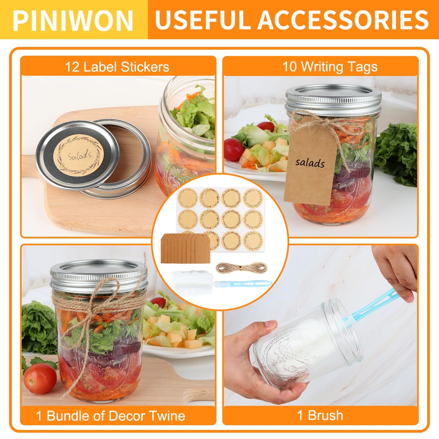 PINIWON Wide Mouth Mason Jars 16 oz with Airtight Lids and Bands, 6 Pack Canning Jars, Clear Glass Pint Jars for Canning, Fermenting, Pickling, Meal Prep, Overnight Oats