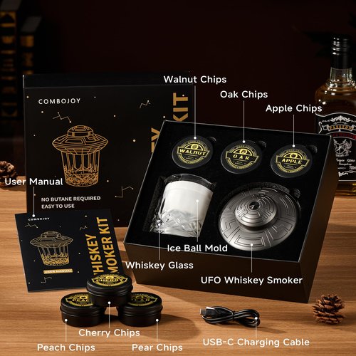 ComboJoy Electric Whiskey Smoker Kit with LED – 6 Flavors Wood Chips, Whiskey Glass & Ice Cube Mold – Rechargeable Cocktail Smoker, Old Fashioned Bourbon Gifts for Men, Dad, Husband -Grey