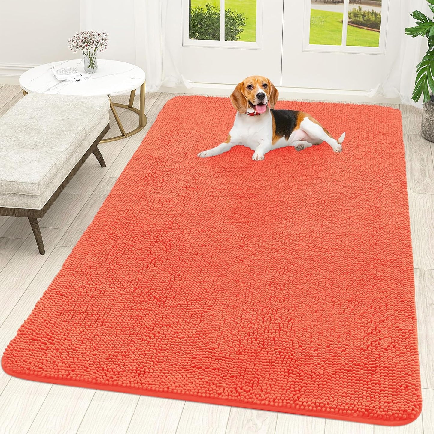 OLANLY Dog Door Mat - Absorbent Non-Slip Chenille Mat for Muddy Paws | 70x46, Quick Dry, Coral