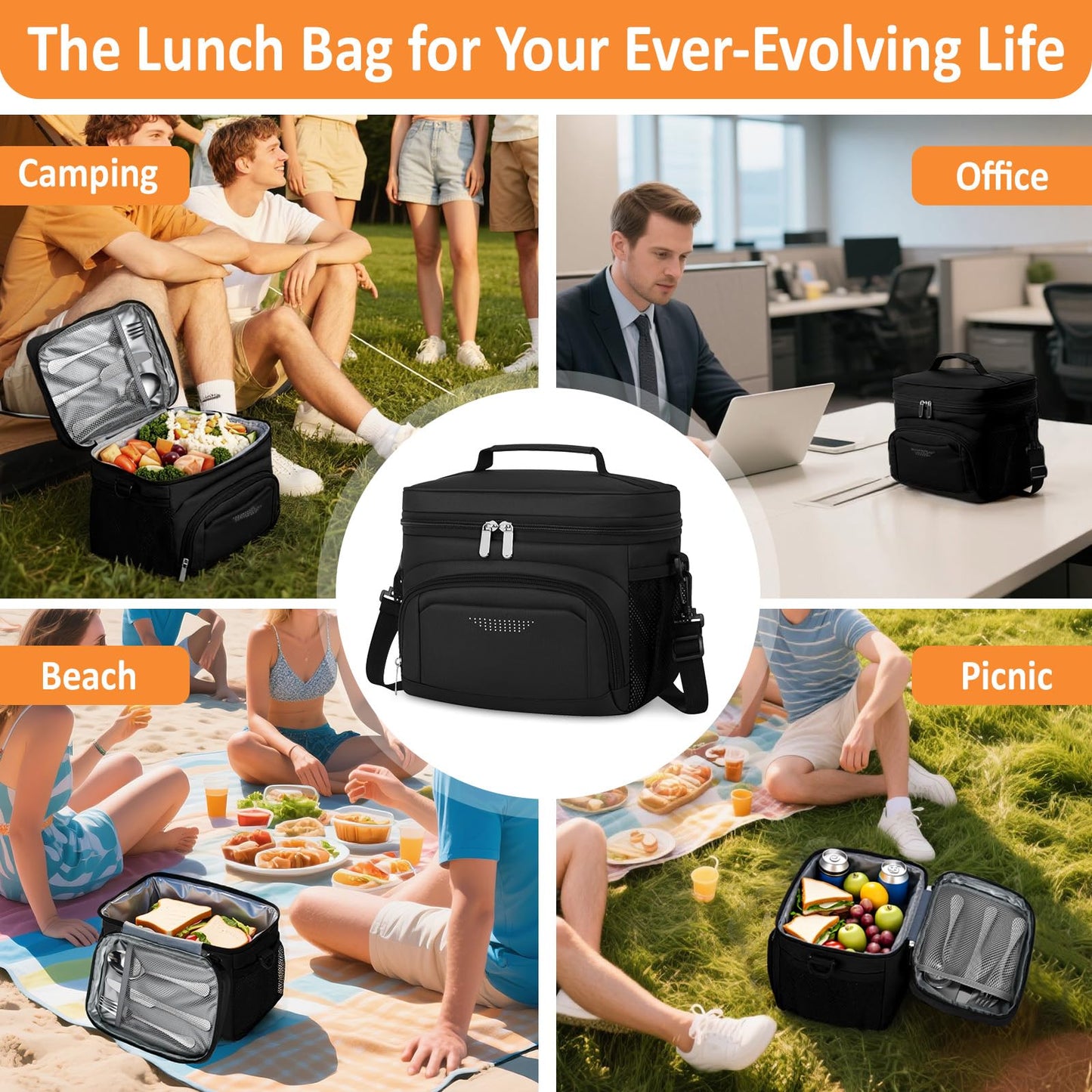 Vankor Lunch Box for Men Women, Insulated Lunch Bag Reusable Leakproof Cooler Lunch Tote Bag with Adjustable Shoulder Strap for Work Office Picnic Beach Travel, Black