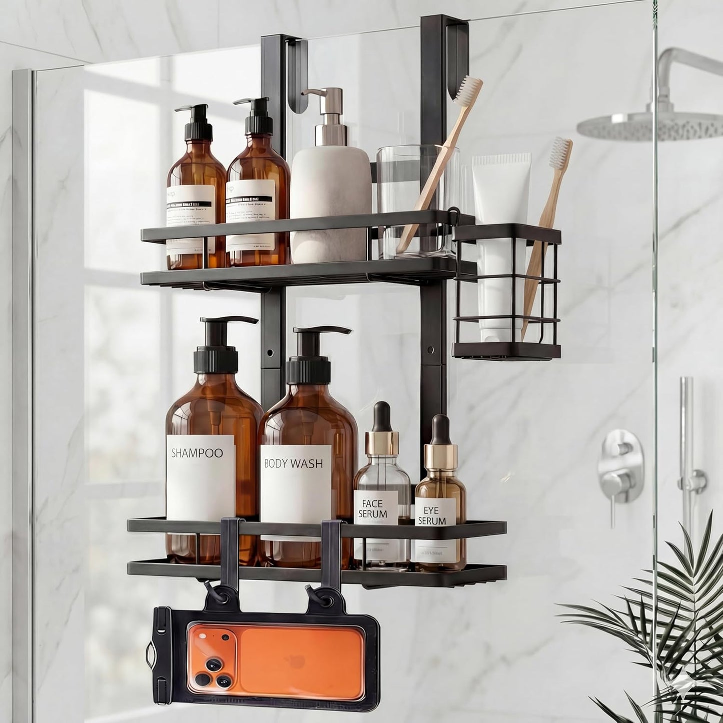Skiennix Over The Door Shower Caddy - Rustproof 2-Tier Organizer with Waterproof Phone Pouch | Black