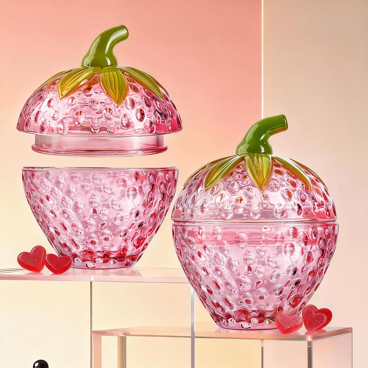 kanpura Pink Strawberry Candy Jar with Lid Small Cute Crystal Candy Dish Set of 2 Glass Decorative Container for Sugar, Cookie, Nuts Valentines Day Gift for Women (3.5 oz)
