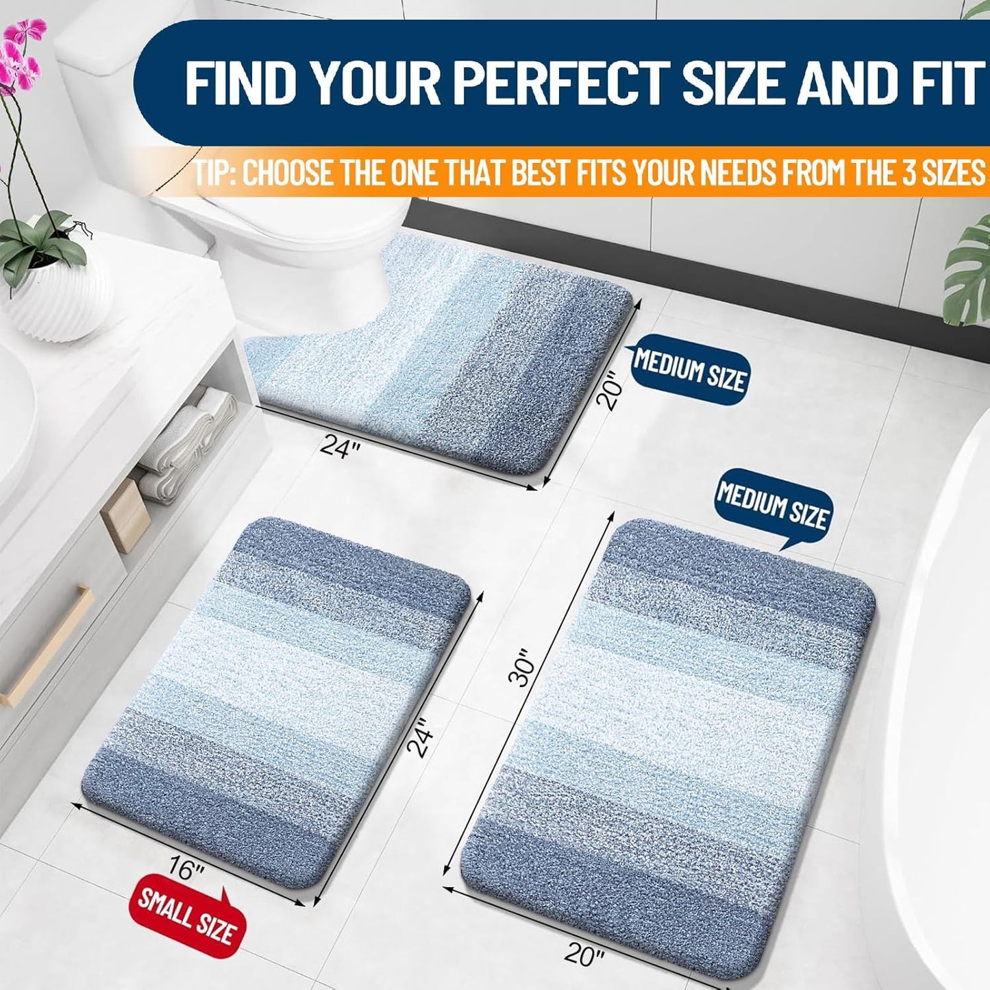 OLANLY Bathroom Runner Rug - Extra Soft Microfiber Mat with Rubber Backing | Quick Dry, Washable, 44x20, Blue