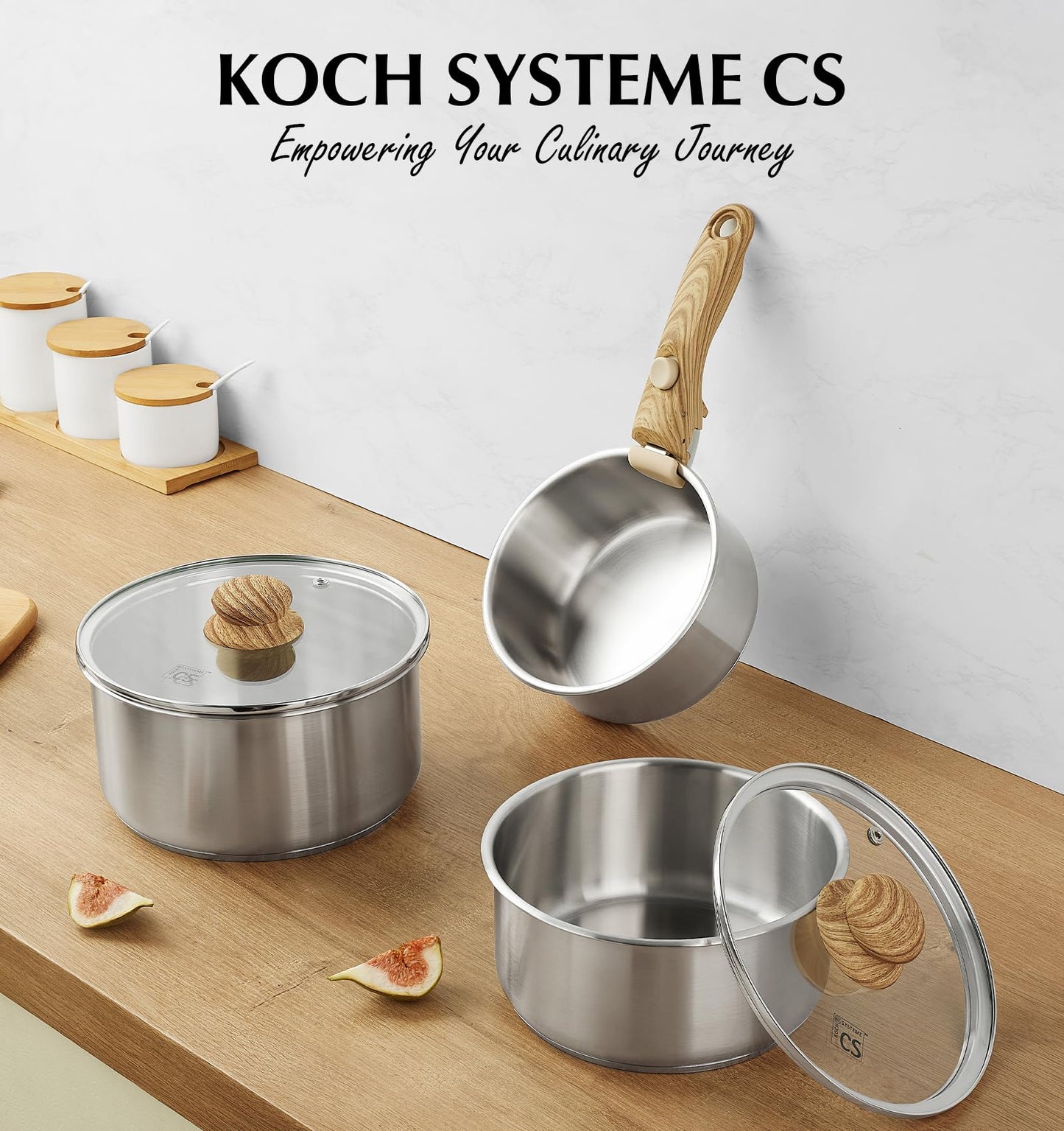 KOCH SYSTEME CS Stainless Steel Saucepan Set 1.5QT & 2QT & 3QT, Stainless Steel Pot with Removable Handle, 6pcs Sauce Pan Set with Tri-Ply Steel Base, Induction Compatible Pots, Dishwasher & Oven Safe