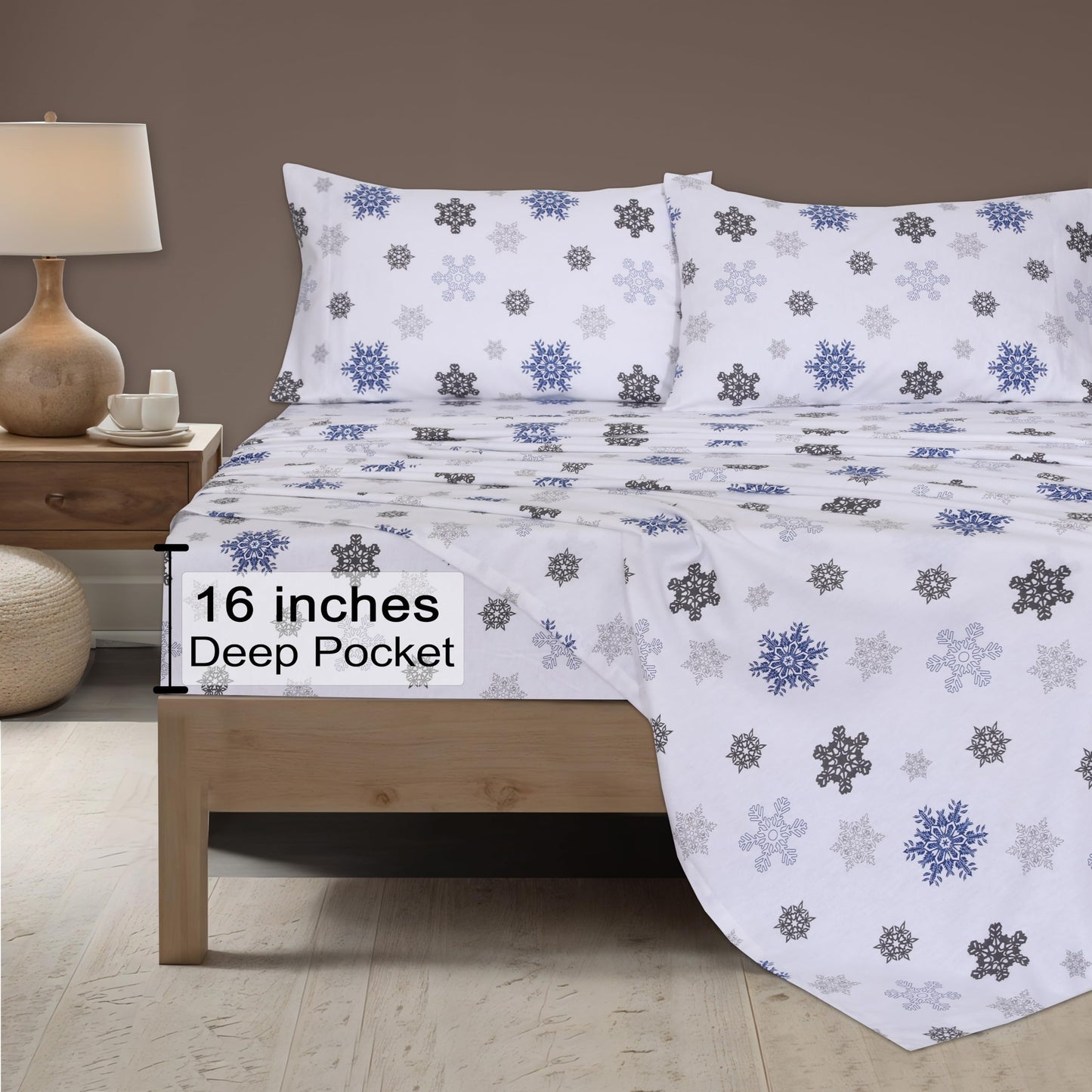 ZOYER Flannel Sheets King Size Set - Soft & Comfy Deep Pocket Cotton Flannel Bedding, Fitted Up to 16", Double Brushed King Bed Sheets, 4 Pieces, White Snow