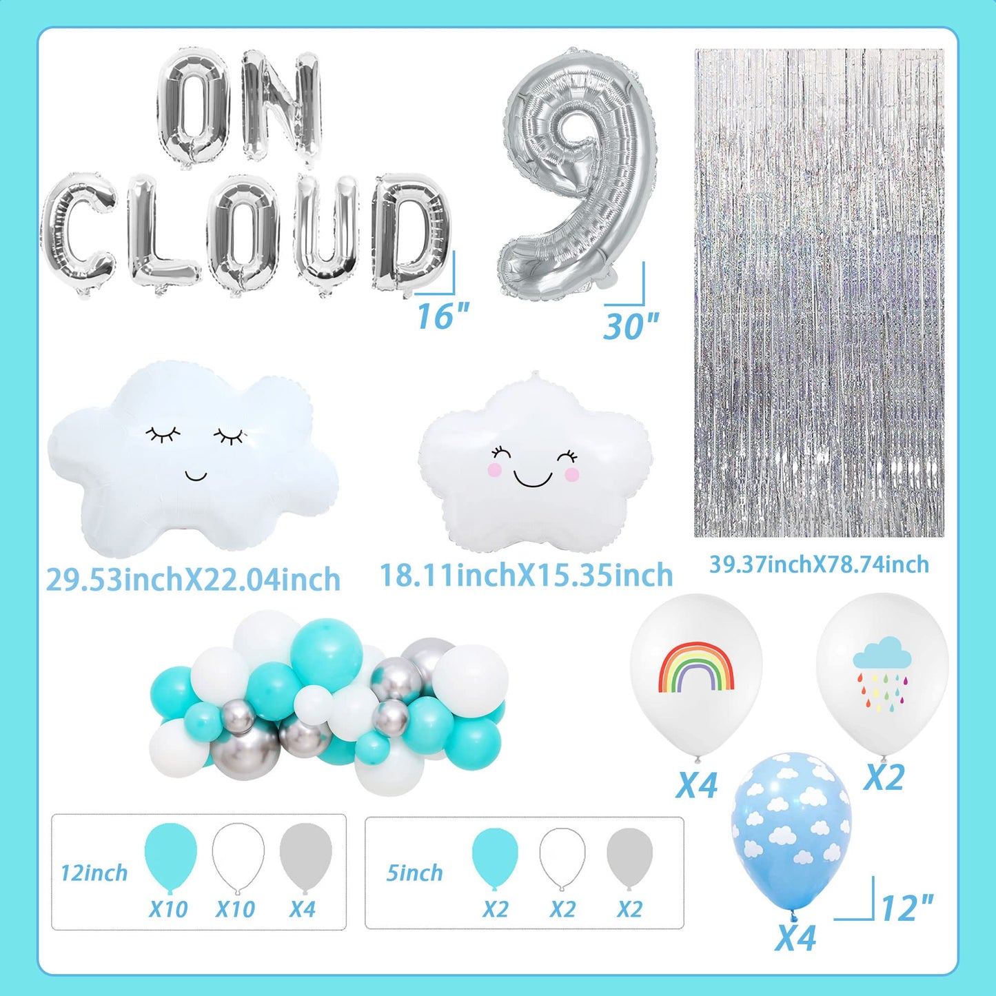 LaVenty 43 PCS Silver On Cloud 9 Balloons Decoration 9 Birthday Decoration Nine Years Old Birthday Balloon 9th Party Supplies Cloud Balloon
