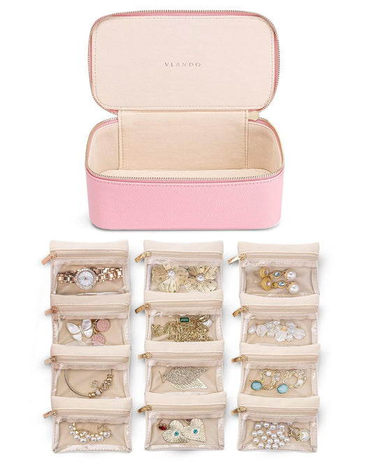 Vlando Jewelry Travel Organzier,Jewelry Travel Case with 12 Pcs Velvet Jewelry Bags,Christmas Gift Birthday Gift Graduation for Women Girl-Strawberry Pink