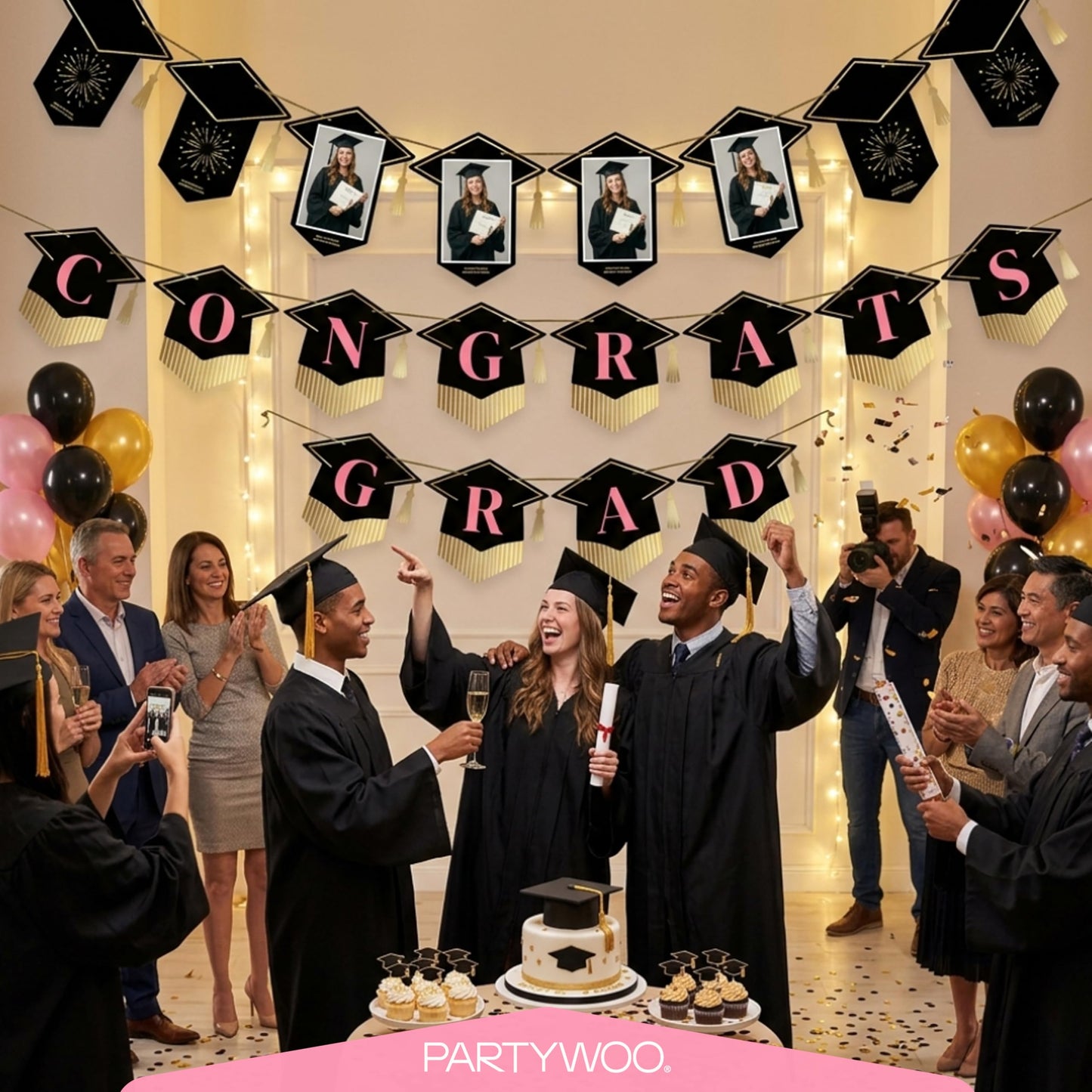 PartyWoo Class of 2026 Black Pink Gold Graduation Banner Decorations 2pcs Black Pink Gold 2026 Hanging Congrats Grad Party Banner Supplies for Middle High School College Graduation Party Decorations