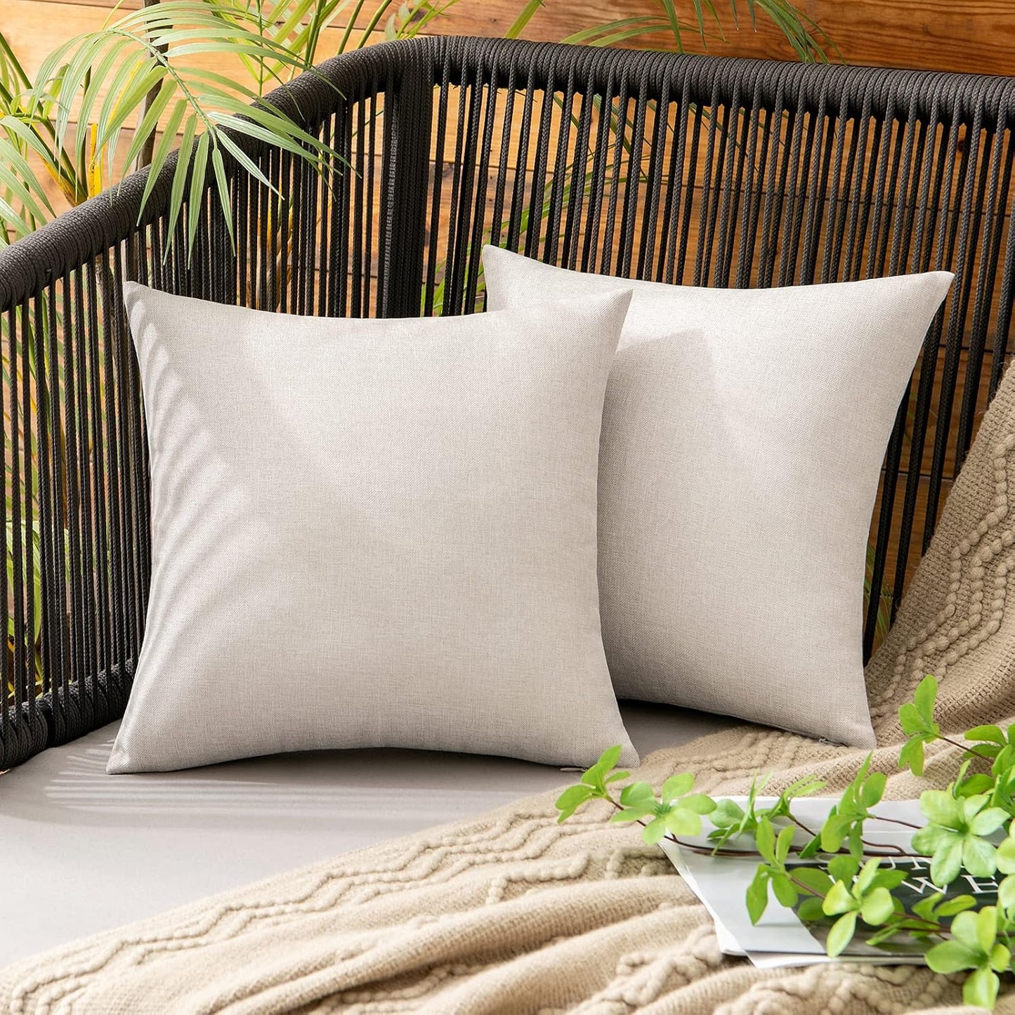 MIULEE Waterproof Throw Pillow Covers - Pack of 2 Faux Linen Cushion Cases for Outdoor Patio | 12x12 Inch Beige