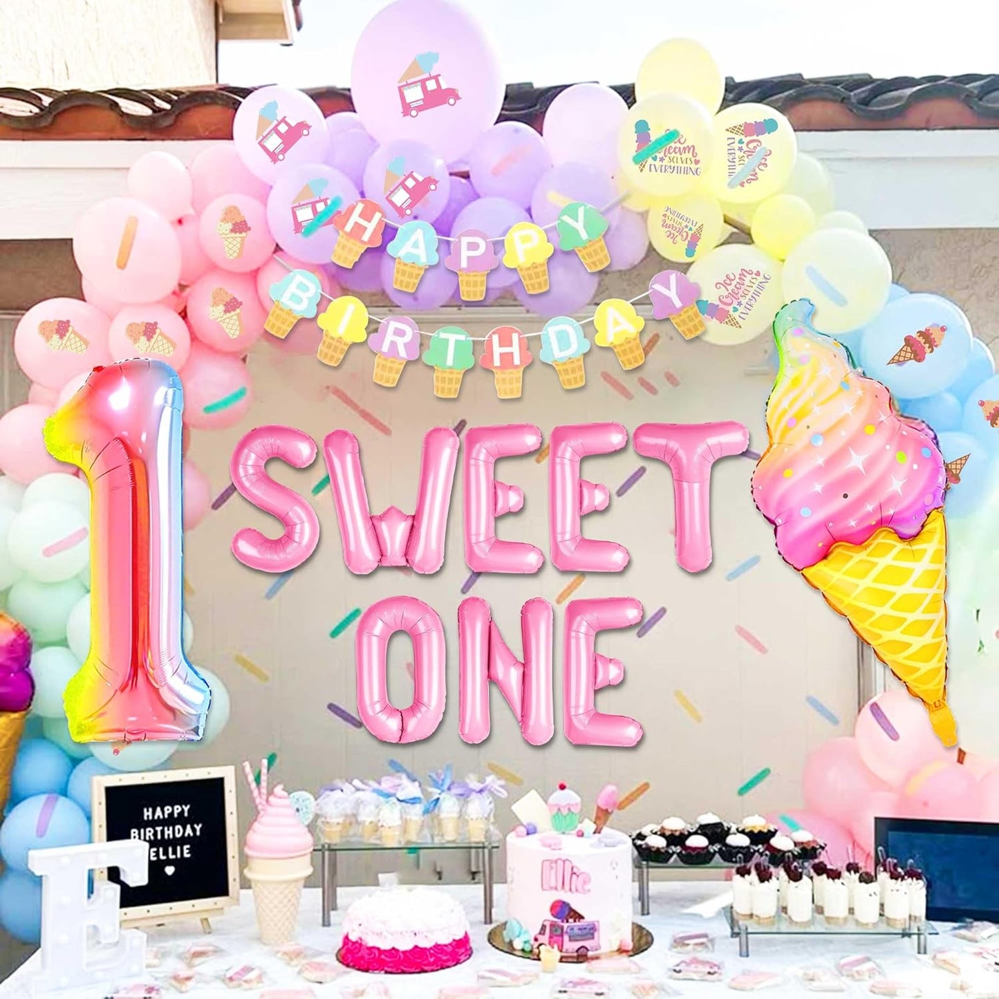 Sweet One 1st Birthday Decorations for Girls - Donut & Ice Cream Party Supplies Set