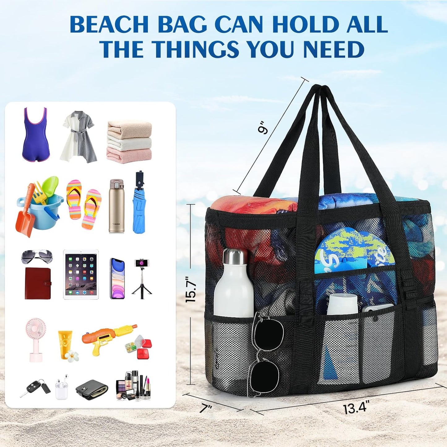 Skiennix Mesh Beach Bag - Large 8-Pocket Tote for Vacation Essentials | Stylish & Functional