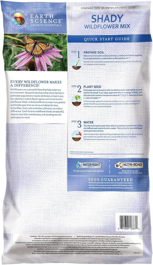 Earth Science Shady Wildflower Mix - 6 lb Premium Non-GMO Seed Blend with Plant Food & Soil Conditioners
