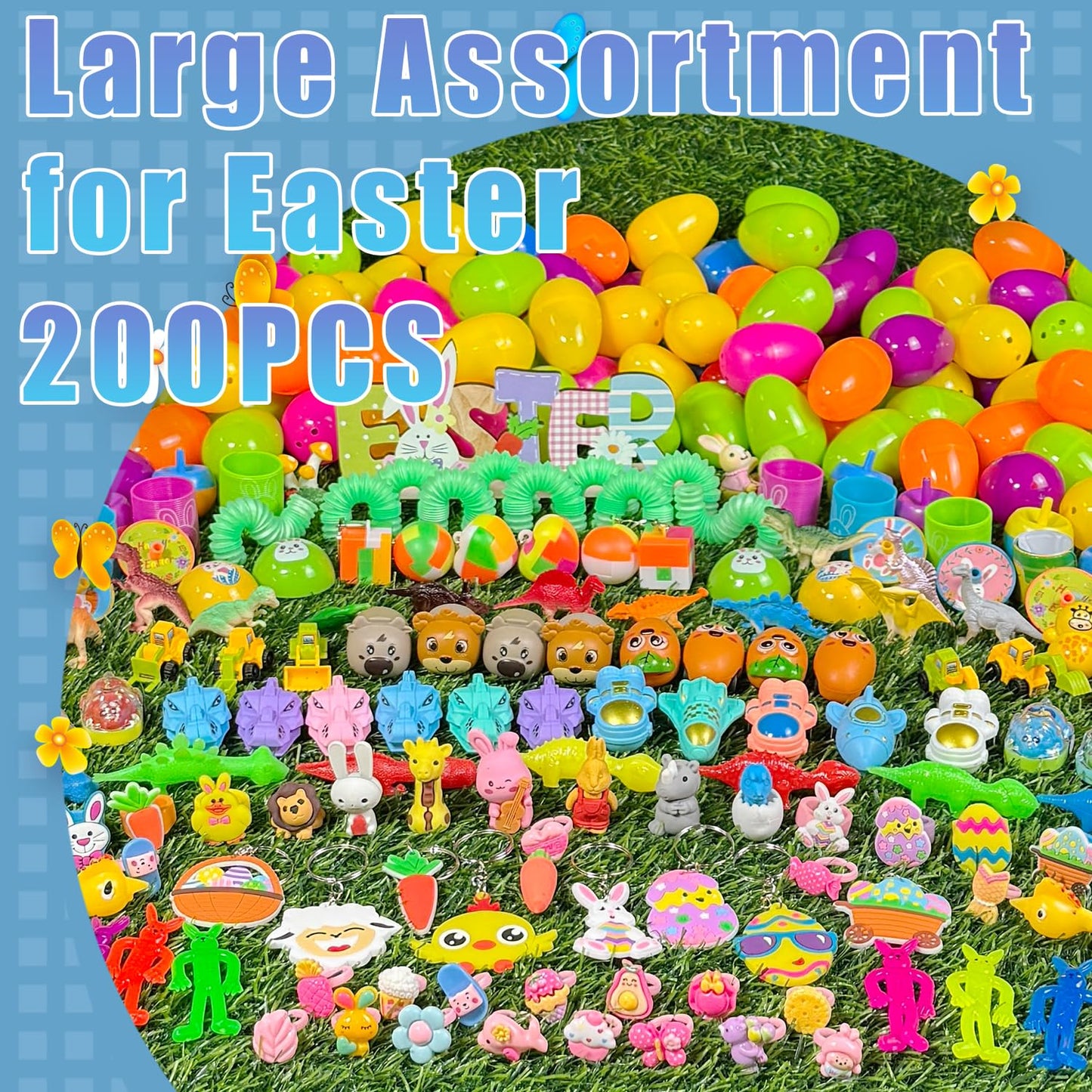 SQZUWIT 200 Pcs Prefilled Easter Eggs Filled with Toys Inside for Kids Boys Girls Pre-filled Easter Hunt Basket Stuffers Essentials Fillers Party Favors Classroom Prize Supplies