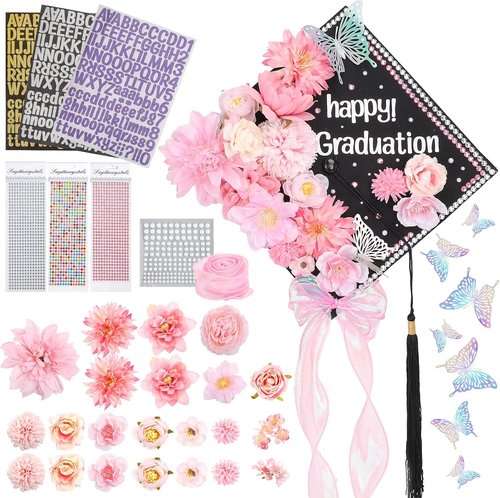 FYSUIMU Graduation Cap Decoration Kit - DIY Pink Grad Hat Toppers with Flowers & 3D Butterfly Stickers