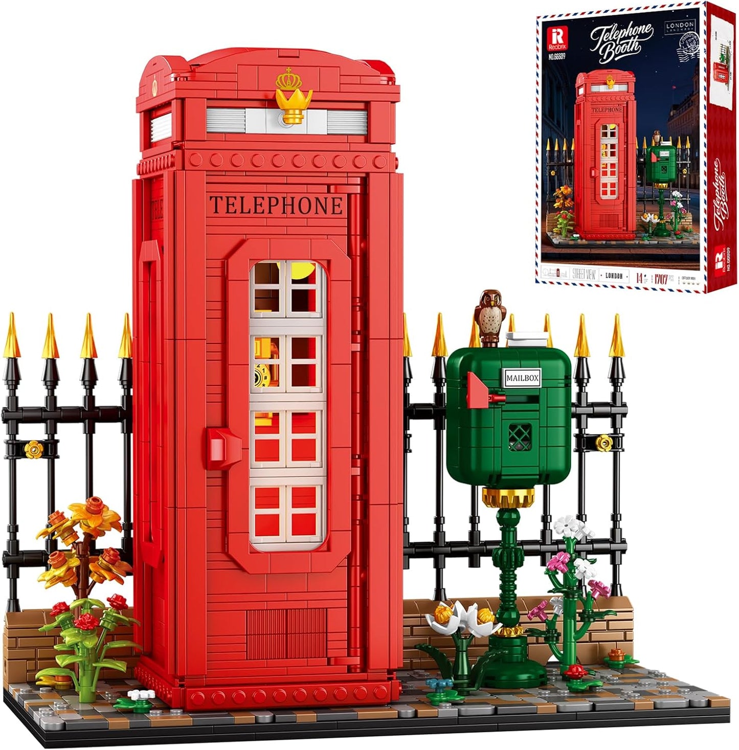 Reobrix Building Block Set - London Landmark Red Telephone Booth Model with LED Lights | 1707 PCS Retro Decor