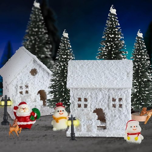 Gerrii Christmas Village House Set - 17 Pcs Winter Figurines with Snow & Santa | White Desktop Ornaments