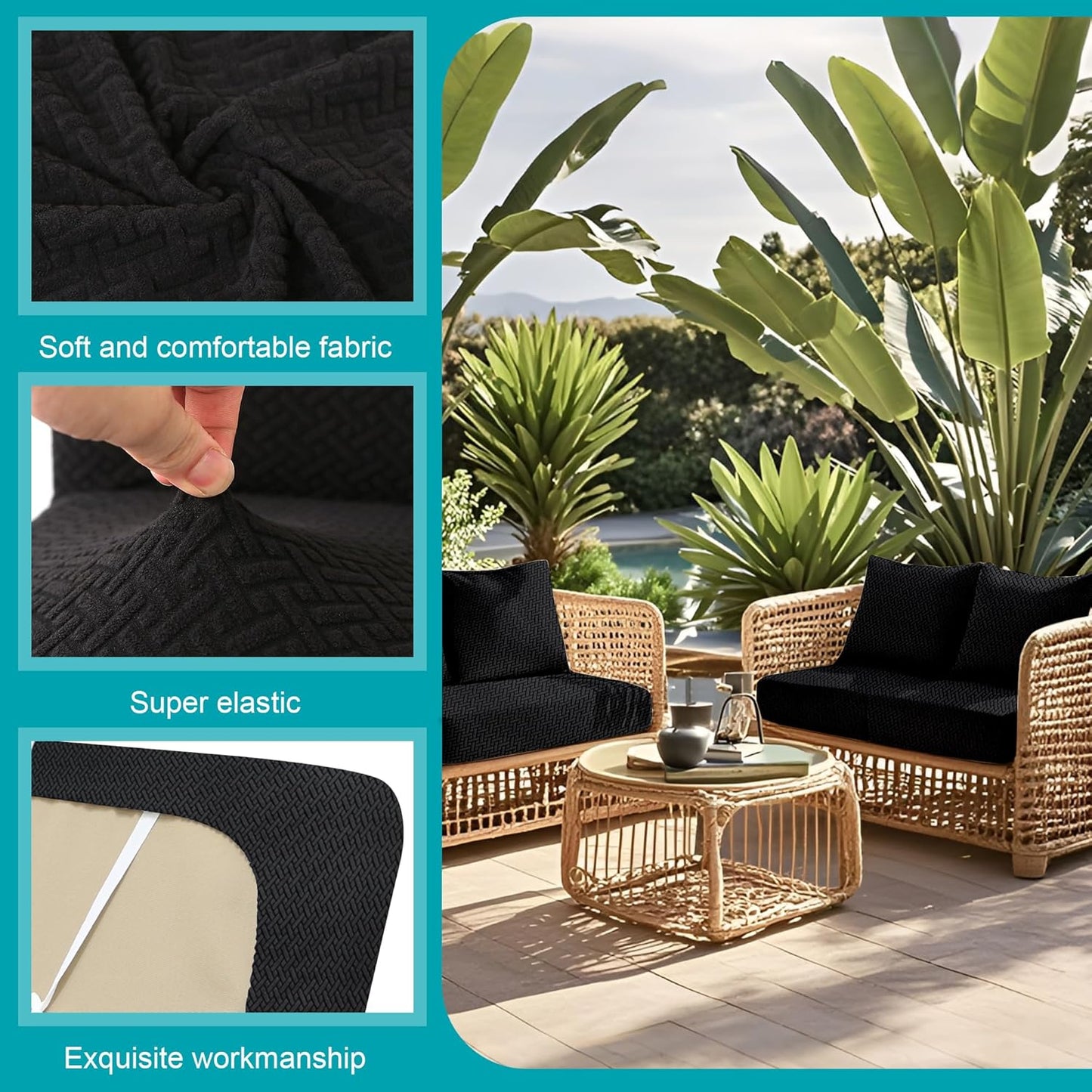 Skiennix 14-Piece Stretch Patio Cushion Covers - Washable Outdoor Sofa Slipcovers | Black