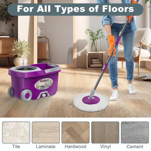 Dual Compartment Spin Mop and Bucket, Mop and Bucket with Wringer Set,360°Rotating Spinning Mopping for Floor Cleaning with 6 Microfiber Replacement Heads, 61" Extended Handle, 2X Wheel