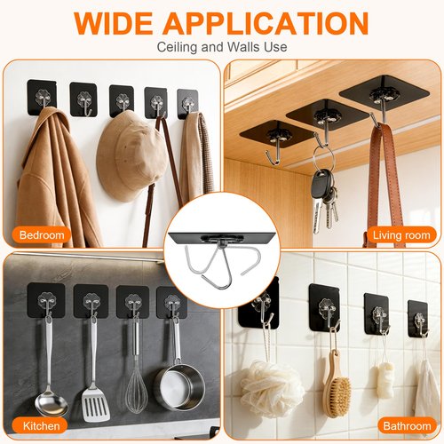 DDMY Heavy Duty Adhesive Hooks for Hanging 50lb(Max) Black Wall Hooks with Strong Sticky,No Damage Removable Hook Waterproof & Reusable for Bathroom, Kitchen, Shower, Outdoor Decor -8 Pack