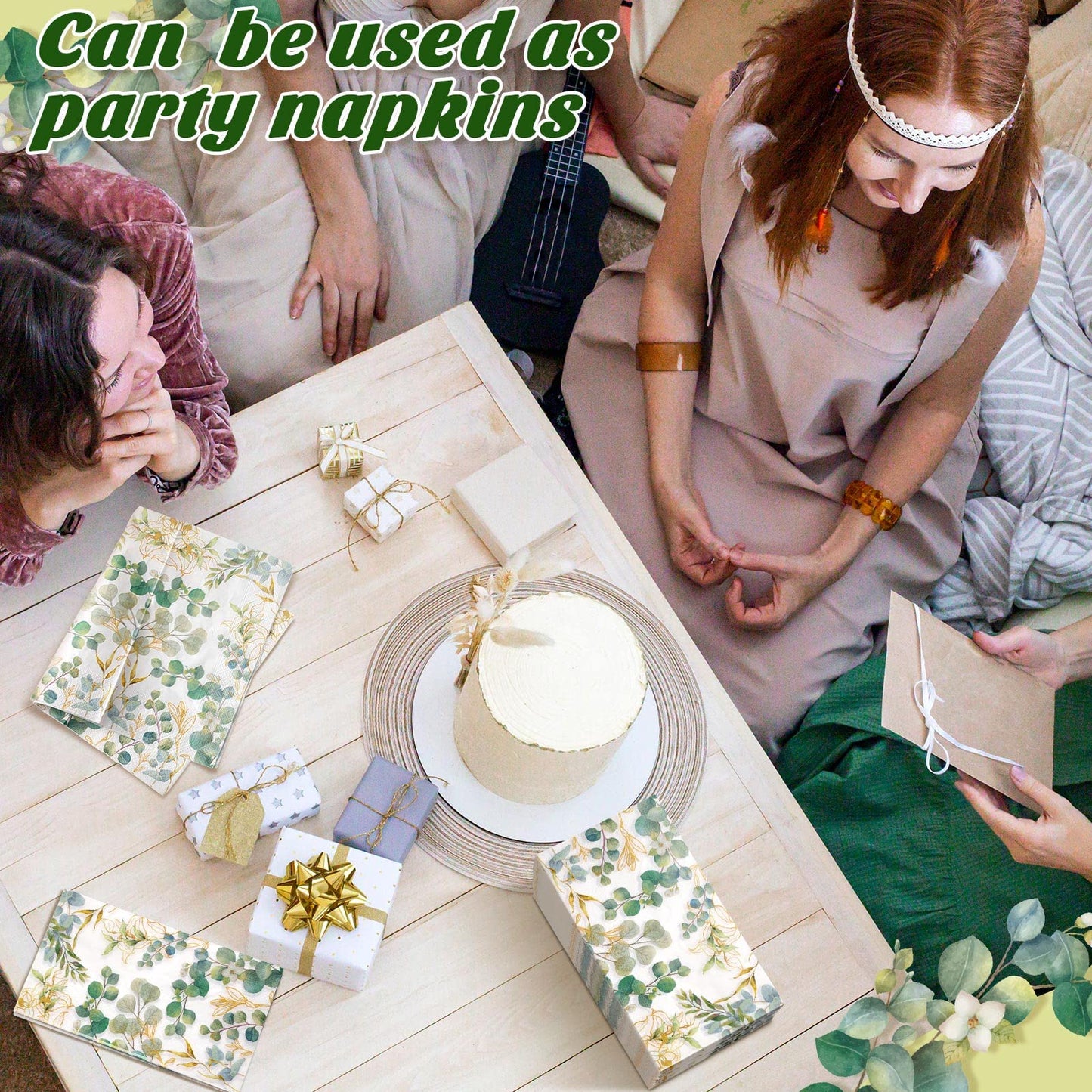 Spiareal 120 Pcs Greenery Paper Napkins 3 Ply Disposable Hand Towels for Bathroom Green Eucalyptus Leaf Guest Decorative Dinner Napkin for Bridal Baby Shower Wedding Birthday Spring Party