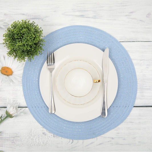 SHACOS Round Braided Placemats Set of 4 Washable 15 inch Round Non Slip Table Place Mats for Dining Tables (Light Blue, 4)