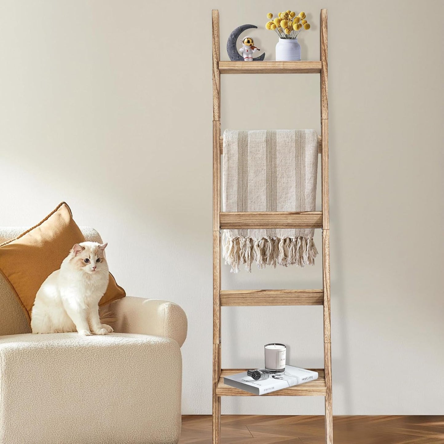67" Wooden Blanket Ladders for The Living Room,5-Tier Ladder Shelf, Ladder Rack for Storage and Decor (Black)