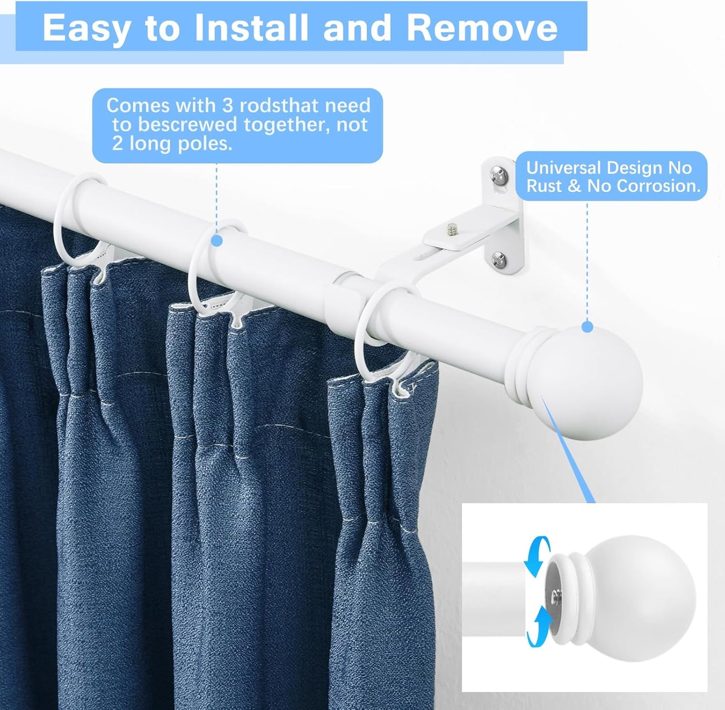Max Adjustable Curtain Rods by [Brand Name] - 16 to 48 Inches, 1-Inch Diameter, White Finish