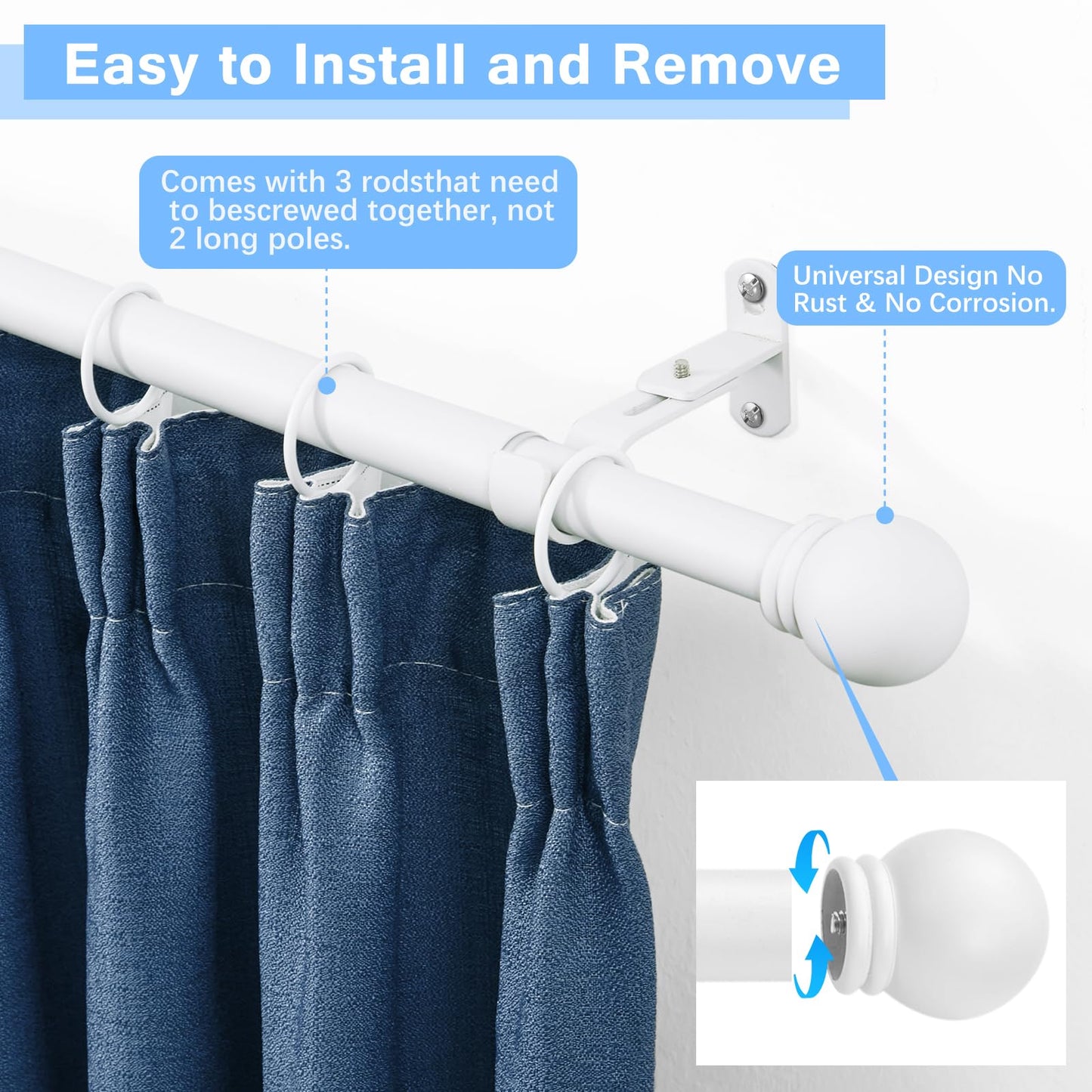 AMZSEVEN Curtain Rods for Windows 16 to 48 Inches, Curtain Rod Max Adjustable Length of 60 IN, 1" Diameter Drapery Rods Round Finials, White, Pack of 1