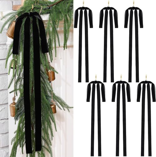 Janinka Black Velvet Ribbon Bows - 6 Pcs Rustic Christmas Tree Decorations | 23.5x15.5 Inch Ornaments