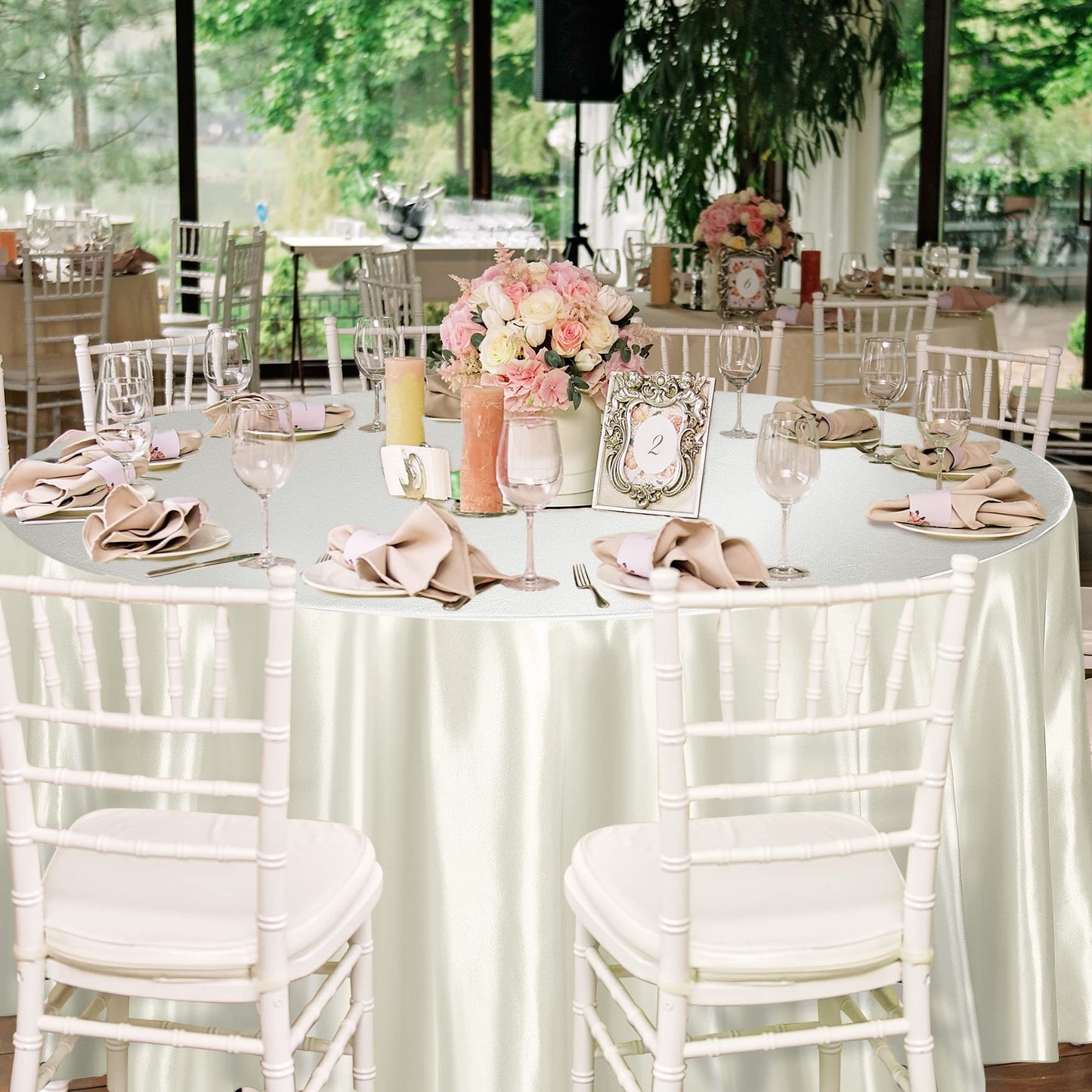 TURSTIN 2 Pieces Round Satin Tablecloth 120 Inches Overlay Table Cover Smooth Fabric Table Decor Bright Silk Tablecloth for Holiday Dinner Wedding Banquet Decoration (Ivory)