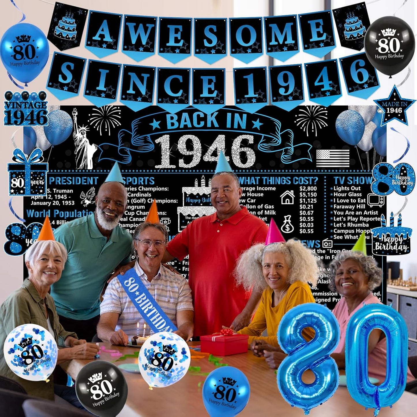 Trgowaul 80th Birthday Decorations - 20PCS Black and Blue Party Supplies Set with Banner, Sash, Cake Topper & Balloons
