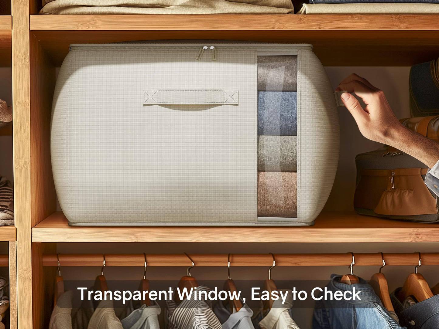 TomVista Large Canvas Clothes Storage Bags with Thick Handles and Clear Window, Foldable Cotton Linen Underbed Closet Organizer for Clothing, Blankets and Bedding, 60L, 6 Pack, Beige