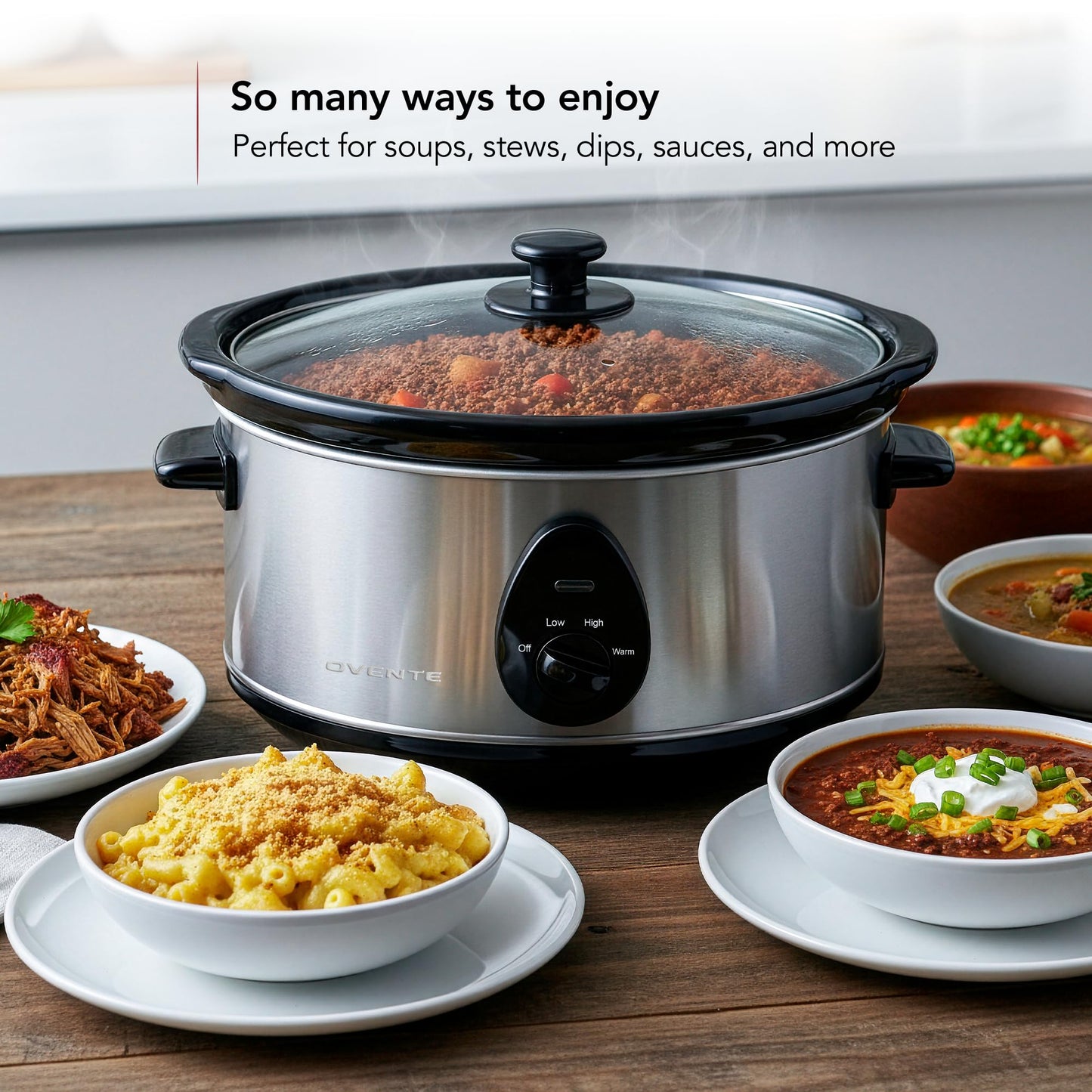 OVENTE Electric Slow Cooker with 3 Cooking Settings, Non-Stick and Dishwasher Safe Stoneware, Stainless Steel Body, Glass Lid, 3.7 Qt Oval Pot for Entrees, Soups, Sauces, Stews & Dips, Silver SLO35ABR