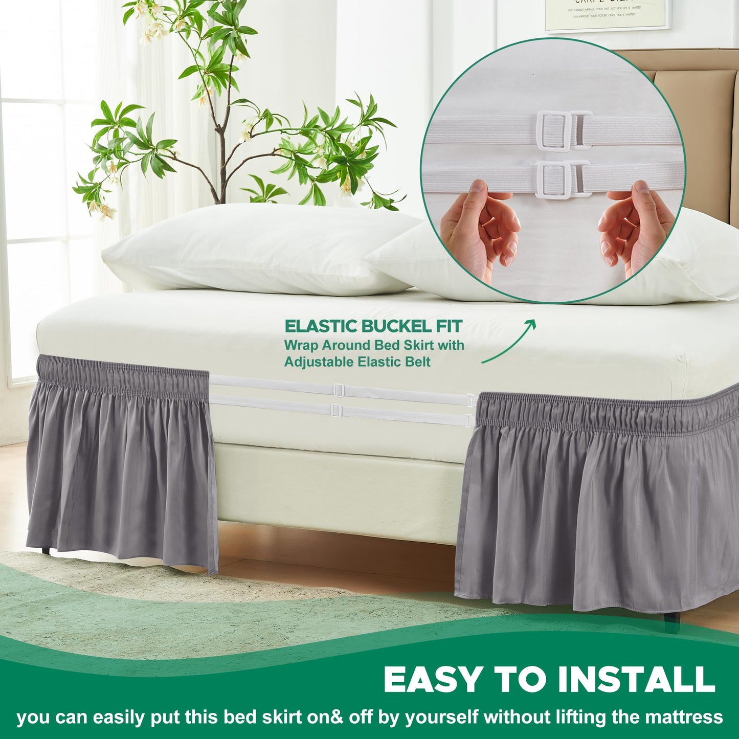 Biscaynebay Wrap Around Bed Skirts for King & Cal King Beds 18" Long Drop, Silver Grey Adjustable Elastic Dust Ruffles Easy Fit Wrinkle Resistant Silky Luxurious Fabric Machine Washable