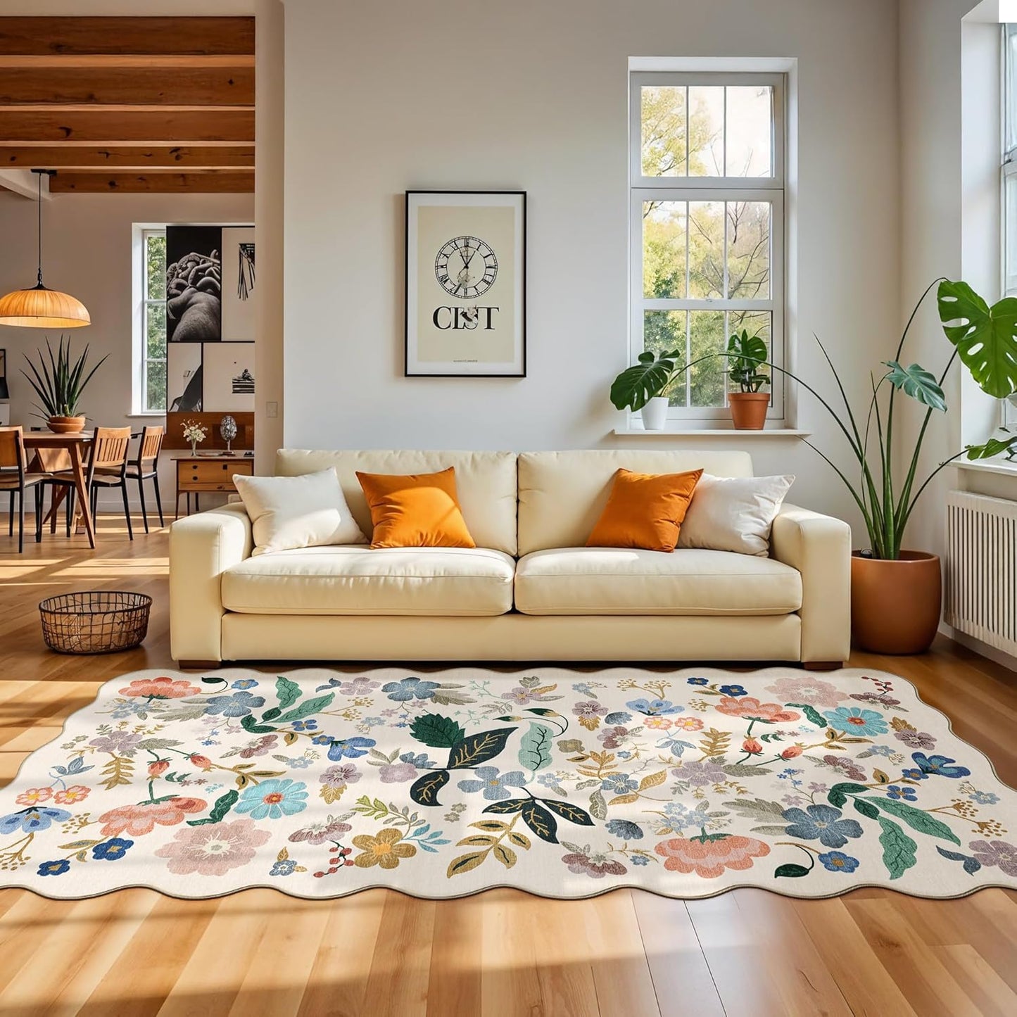 Skiennix Washable 4x12 Wide Area Rug - Soft Floral Scalloped Design | Water-Resistant Non-Slip Runner for Entryway, Kitchen, Dining Room, and More (Cream)