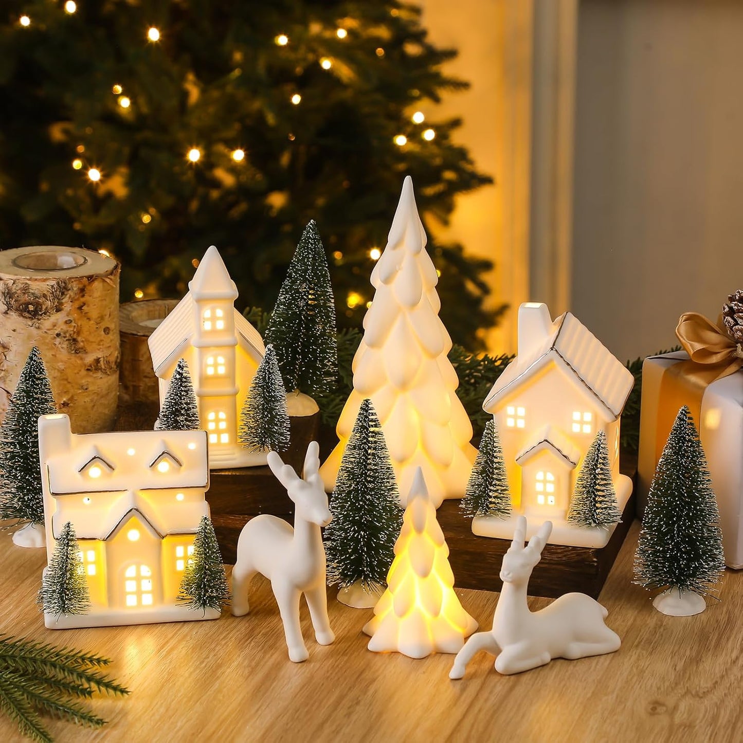 Regine Switzerland 12-Pc Ceramic Christmas Village Set - White Houses, LED Trees & Reindeer Figurines for Holiday Decor