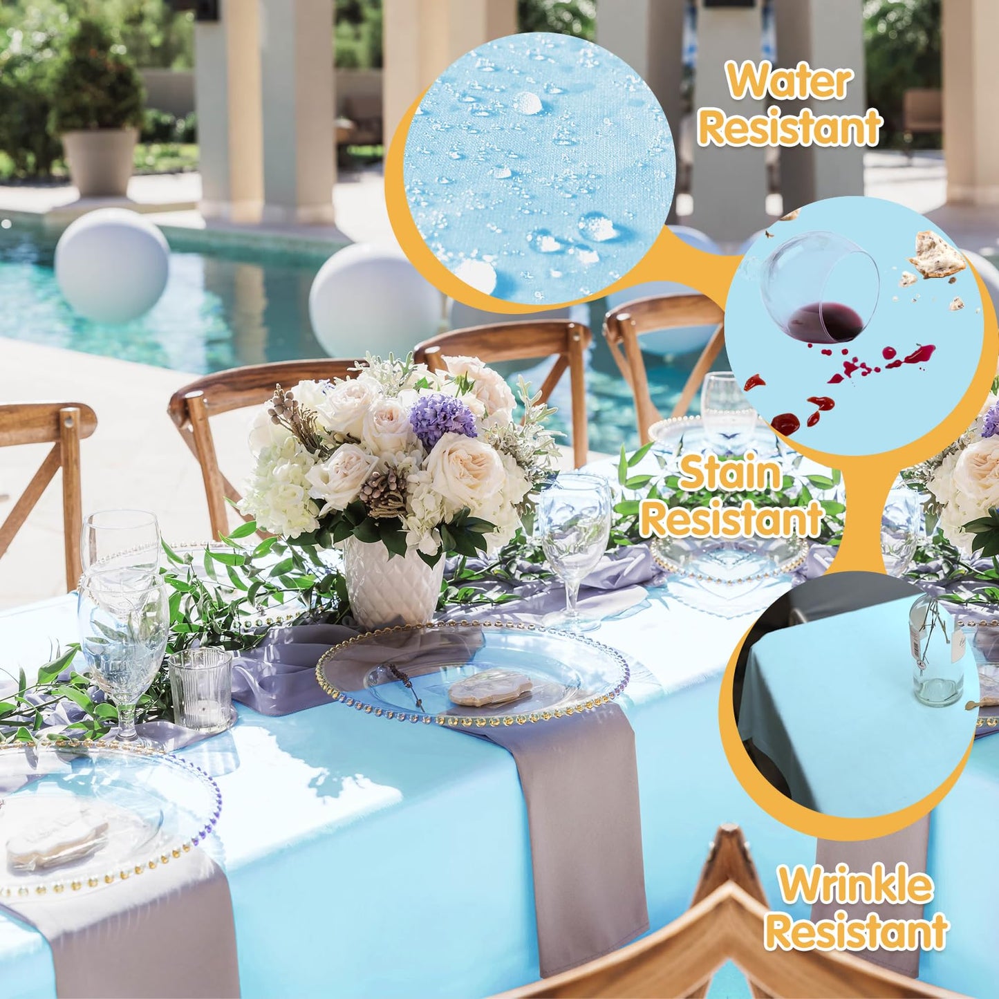 BRILLMAX 6 Pack Light Blue Tablecloths 90 x 156 Inch for 8ft Rectangle Tables - 150 GSM Polyester Fabric, Floor Length Drop, Water, Stain & Wrinkle Resistant Cloth Cover for Wedding Reception Banquet