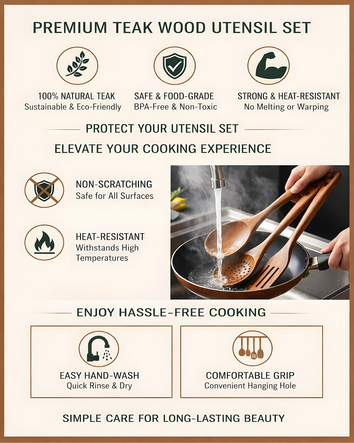 6-Piece Natural Teak Wood Utensil Set - Compact Nonstick Cooking Spoons & Spatulas, Durable Wooden Tools