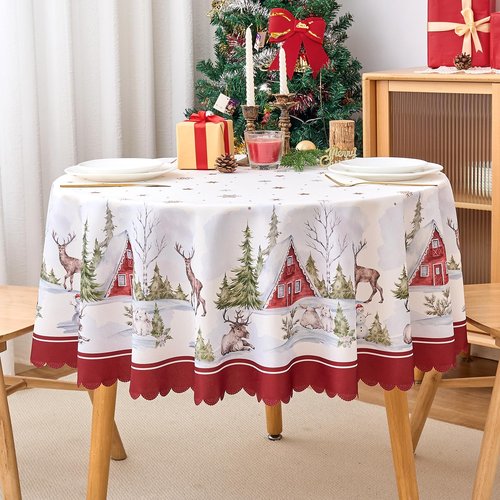 Christmas Round Tablecloth 60 Inch Snow White Table Cloth Scalloped Edge Silky Light Fabric Waterproof Wrinkle Free Washable Table Cover for Kitchen Dinning Outdoor Birthday Patio Party Decor