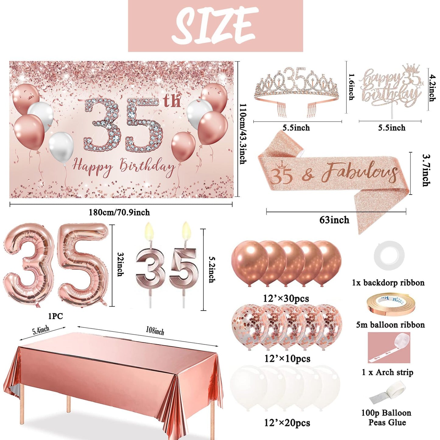 Trgowaul 24th Birthday Decorations Party Set for Women, Rose Gold 24th Banner and Tablecloth, 24 & Fabulous Sash and Tiara, Cake Topper, Pink Gold 24 Number Balloons