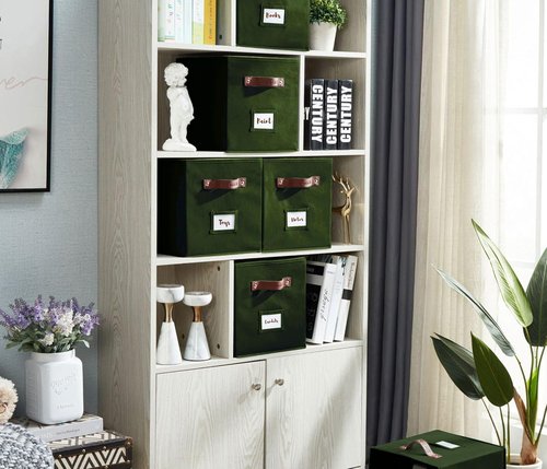 DECOMOMO Storage Cubes - 13x13x13 Fabric Organizer Bins with Labels | 6-Pack in Olive Green
