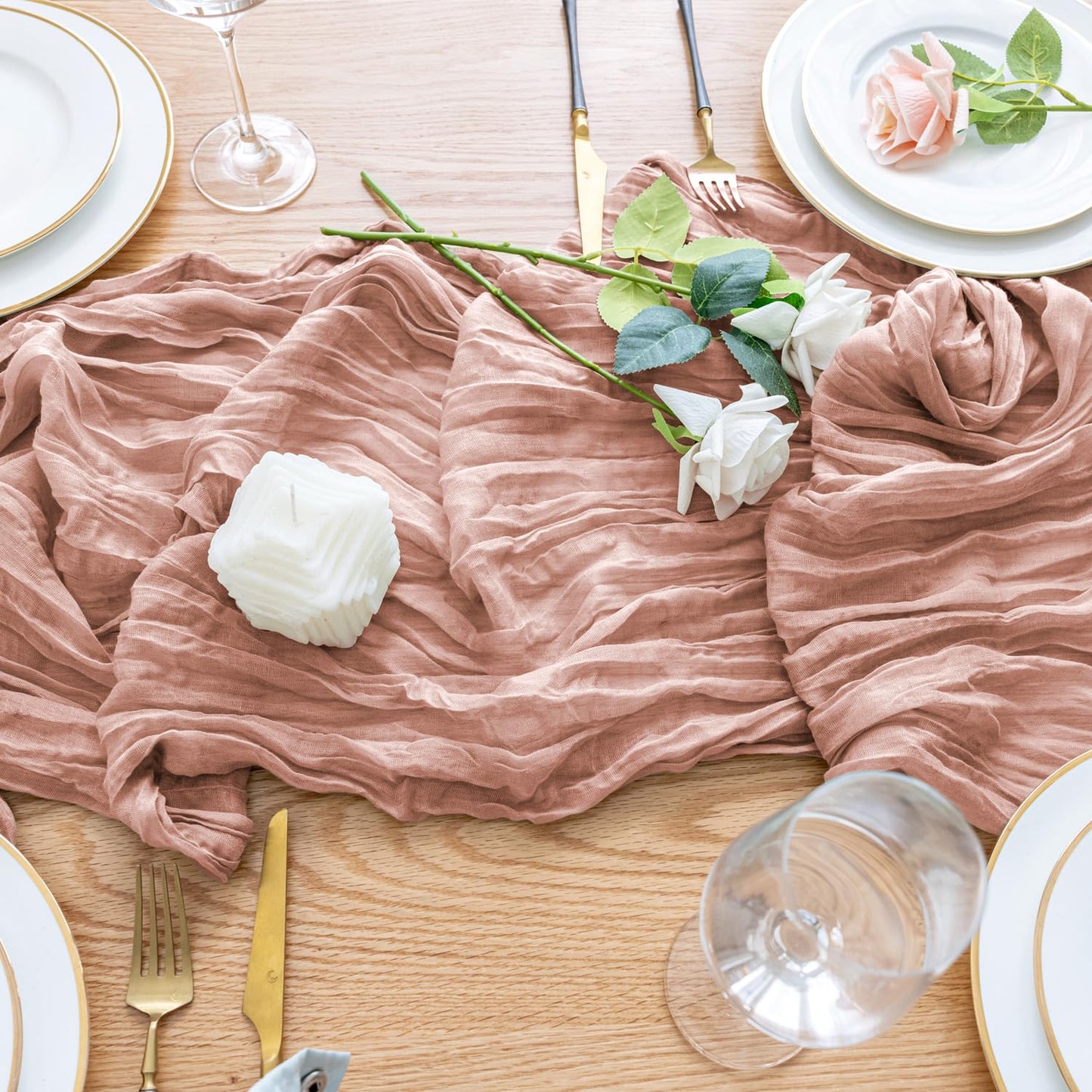 Wokceer Dusty Pink Cheesecloth Table Runner Spring 10FT Boho Gauze Easter Cheese Cloth Table Runner for Party 120 Inches Long Rustic Sheer Runners for Baby Bridal Shower Decor