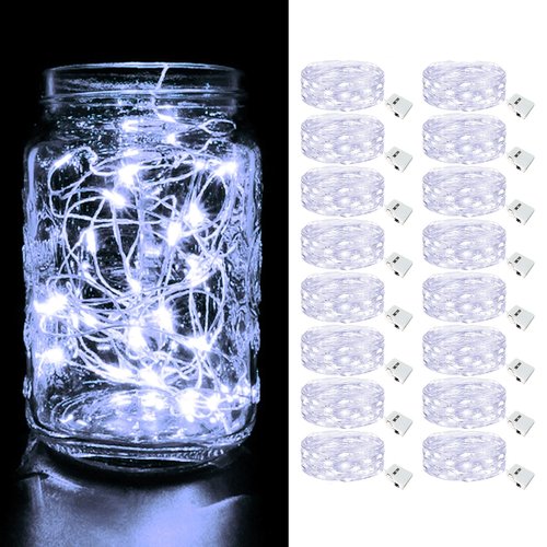 btfarm 16 Pack LED Fairy Lights Battery Operated [3 Modes] Twinkle Lights, 7FT 20 LED Mini String Lights Mason Jars Silver Wire Small Christmas Wedding Party, Cold White