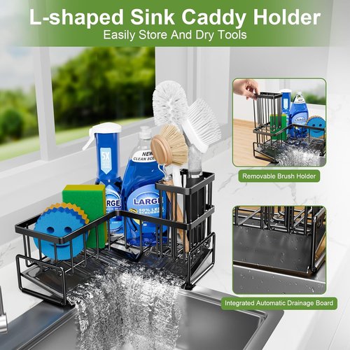 Fikoksol Kitchen Sink Sponge Holder - 90-Degree L-Shaped Caddy Organizer with Brush Holder | Metal Design