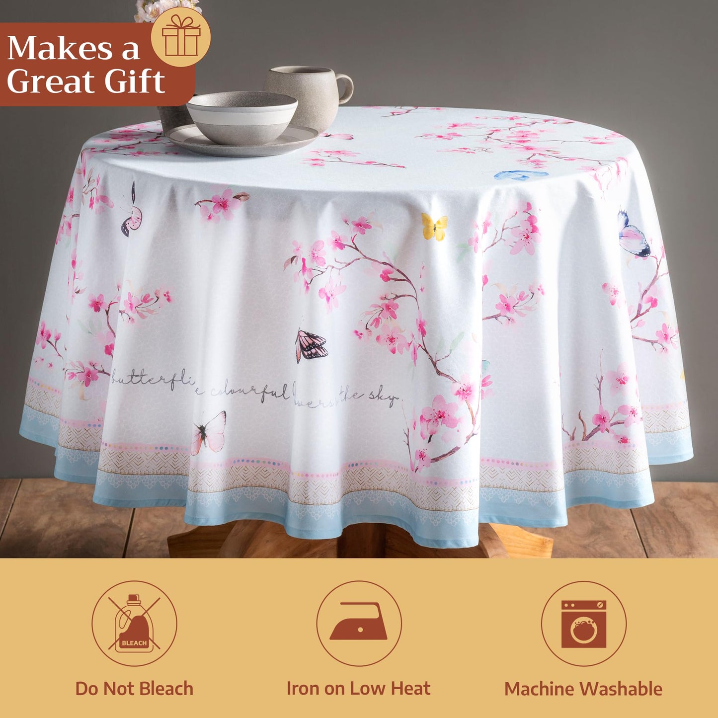 Maison d' Hermine Table Cloth Round Table 100% Cotton 63 Round Inches Tablecloth Reusable Decorative for Dining Kitchen Room Farmhouse Home Gifts for Mothers Day Spring Summer - Blossoms in Spring